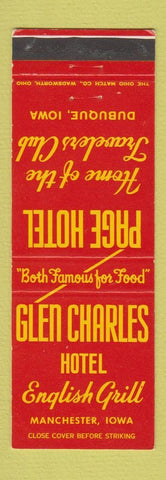 Matchbook Cover - Glen Charles Hotel Manchester IA Page Hotel Dubuque