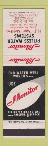 Matchbook Cover - Monitor Pitless Water Systems HF McNeal Cedar Rapids IA