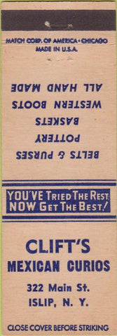 Matchbook Cover - Clift's Mexican Curios Islip NY boots shoe repair