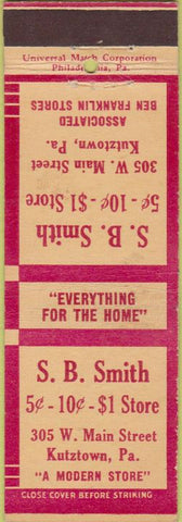 Matchbook Cover - SB Smith Kutztown PA store