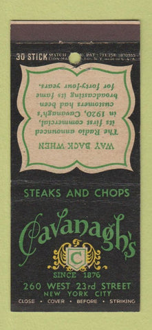 Matchbook Cover - Cavanagh's Restaurant New York City 30 Stick