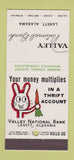 Matchbook Cover - Valley National Bank Lanett AL rabbit 30 Stick