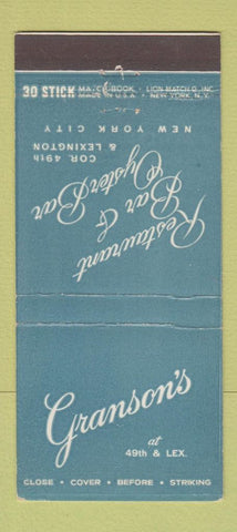 Matchbook Cover - Granson's Restaurant New York City 30 Stick