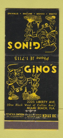 Matchbook Cover - Gino's Miami Beach FL Italian 30 Stick