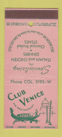 Matchbook Cover - Club Venice Restaurant San Jose CA Italian 30 Stick
