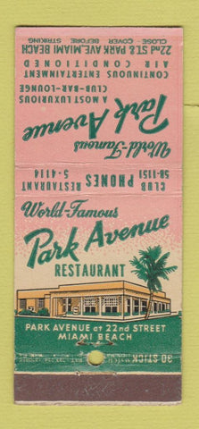 Matchbook Cover - Park Avenue Restaurant Miami Beach FL WEAR 30 Stick