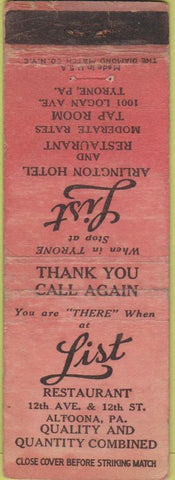 Matchbook Cover - List Arlington Hotel Tyrone PA WORN