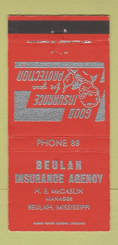 Matchbook Cover - Beulah Insurance Agency MS low phone # 30 Strike