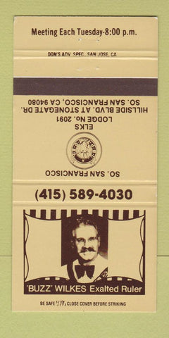 Matchbook Cover - Elks Lodge South San Francisco CA Buzz Wilkes 30 Strike