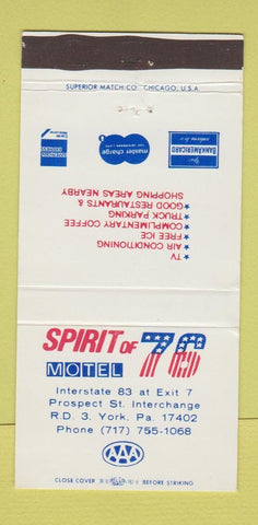 Matchbook Cover - Spirit of 76 Motel York PA 30 Strike