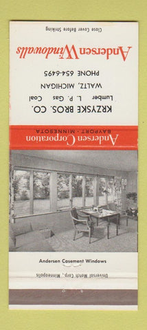 Matchbook Cover - Andersen Windows Krzyske Bros Lumber Coal Waltz MI 30 Strike