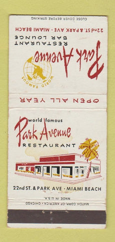 Matchbook Cover - Park Avenue Restaurant Miami Beach FL WEAR 30 Strike