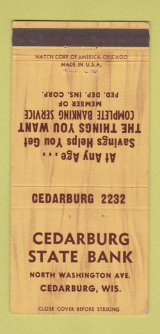 Matchbook Cover - Cedarburg State Bank WI 30 Strike