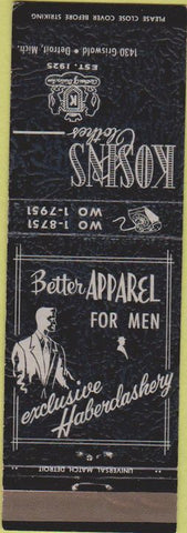 Matchbook Cover - Kosins Men's Clothes Detroit MI