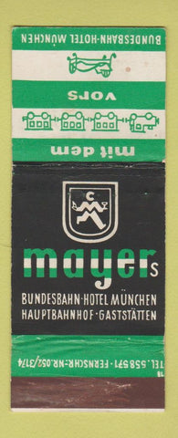 Matchbook Cover - Mayers Hotel Munchen Bundesbahn German Railroad WEAR