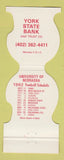 Matchbook Cover - University Nebraska Cornhuskers Football 1982 York NE Bank