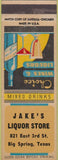 Matchbook Cover - Jake's Liquor Store Big Spring TX