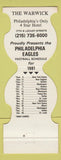 Matchbook Cover - Philadelphia Eagles Football 1982 Warwick Hotel PA