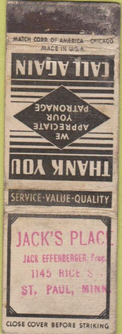 Matchbook Cover - Jack's Place St Paul MN STAMPED POOR