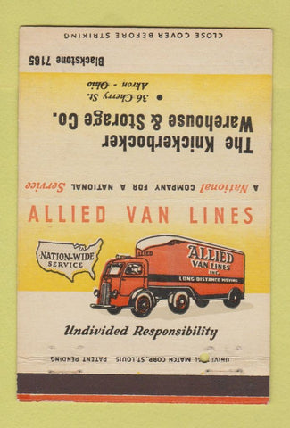 Matchbook Cover - Allied Van Lines Trucking Knickerbocker Akron OH 40 Strike