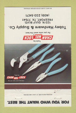 Matchbook Cover - Channel Lock Tools Tobey Hardware Freeport TX 40 Strike