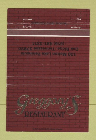 Matchbook Cover - Greggory's Restaurant Oak Ridge TN 40 Strike