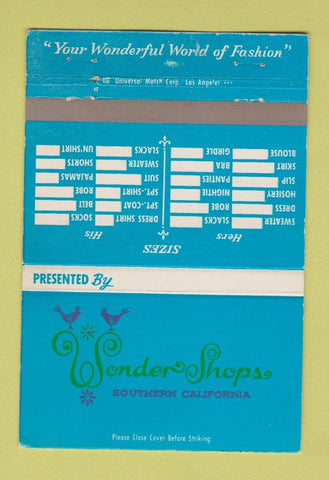 Matchbook Cover Wonder Shops Clothes CA Long Beach Santa Ana Whittier 40 Strike