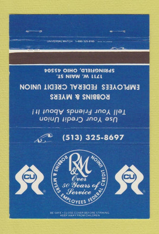 Matchbook Cover - Robbins & Myers Credit Union Springfield OH 40 Strike
