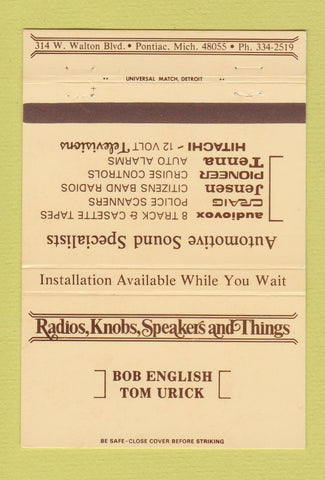 Matchbook Cover - Radios Knobs Speakers and Things Stereo Pontiac MI 40 Strike