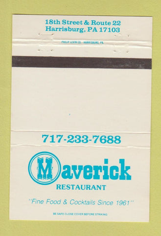 Matchbook Cover - Maverick Restaurant Harrisburg PA 40 Strike