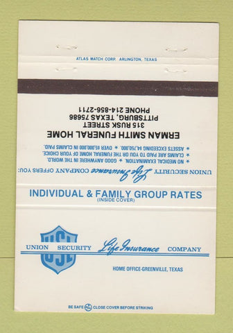 Matchbook Cover - Insurance Erman Smith Funeral Home Pittsburg TX 40 Strike