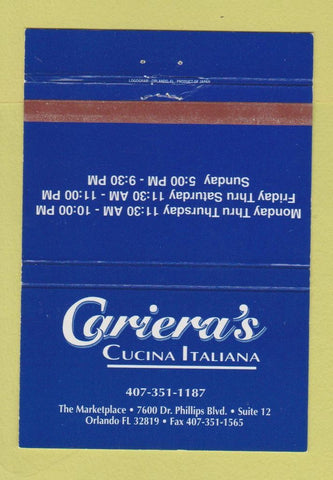 Matchbook Cover - Cariera's Cucina Italiana Orlando FL 40 Strike