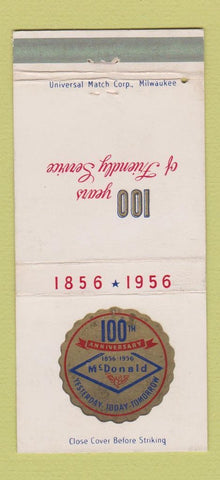 Matchbook Cover - McDonald 100th 1956 building supply 30 Strike