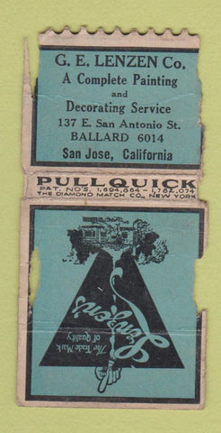 Matchbook Cover - GE Lenzen Painting San Jose CA POOR PULLQUICK