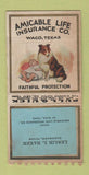 Matchbook Cover Amicable Insurance Leslie Baker Eldorado TX PULLQUICK POOR BACK