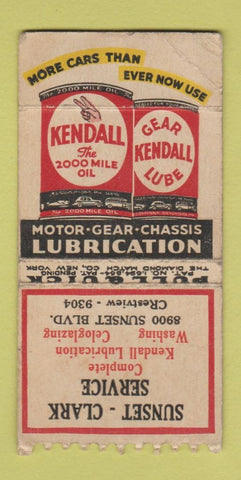 Matchbook Cover - Kendall oil gas Sunset Clark West Hollywood CA PULLQUICK WEAR