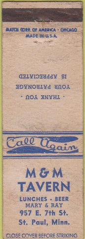 Matchbook Cover - M and M Tavern ST Paul MN WORN