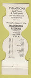 Matchbook Cover - Washington Redskins Football 1985 Champions Washington DC