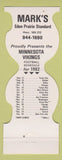 Matchbook Cover - Minnesota Vikings Football 1982 Mark's Eden Prairie MN gas?