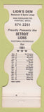 Matchbook Cover - Detroit Lions Football 1981 Lion's Den Pontiac MI