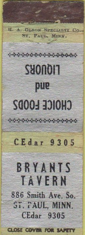Matchbook Cover - Bryants Tavern St Paul MN WORN local manumark