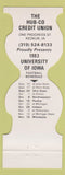 Matchbook Cover - Iowa Hawkeyes Football 1983 Hub Credit Union Keokuk IA