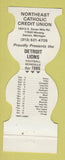 Matchbook Cover Detroit Lions Football 1985 NE Catholic Credit Union Detroit MI