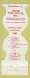 Matchbook Cover - Virginia Tech Hokies Football 1981 Real Estate Blacksburg VA