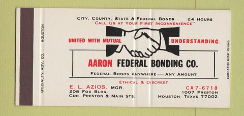 Matchbook Cover - Aaron Federal Bonding Houston TX SAMPLE 30 Strike
