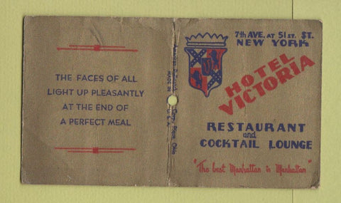 Matchbook Cover - Hotel Victoria New York City WORN PULLQUICK