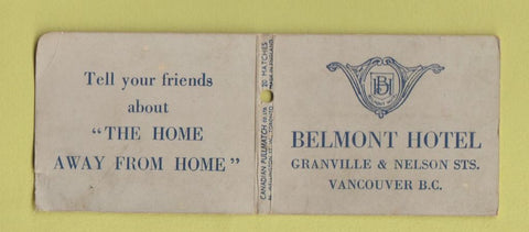 Matchbook Cover - Belmont Hotel Vancouver BC PULLQUICK WEAR