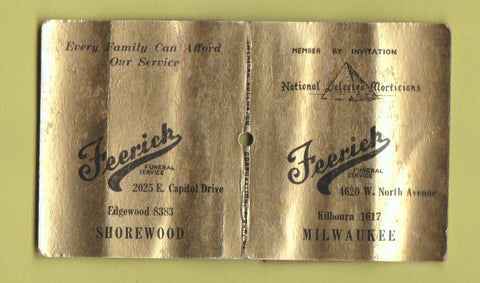 Matchbook Cover - Frederic Funeral Home Milwaukee WI POOR PULLQUICK #1