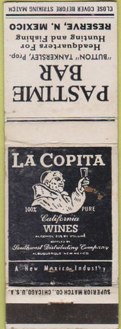 Matchbook Cover - Pastime Bar Reserve NM LA Copita Wines Lord Calvert? WEAR
