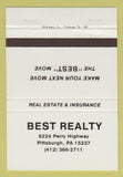 Matchbook Cover - Best Realty real estate Pittsburgh PA insurance 40 Strike